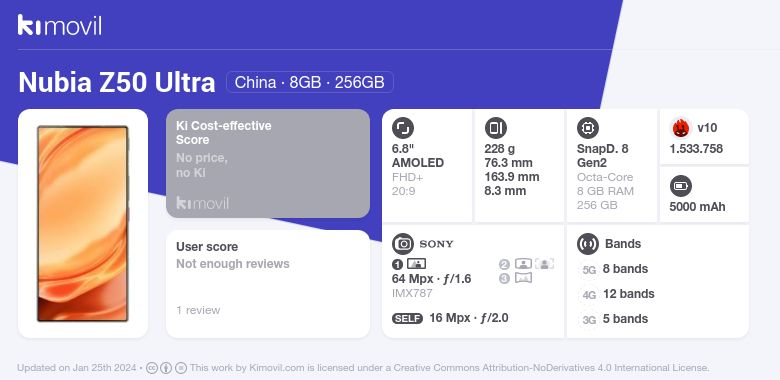 (Unlocked) Nubia Z50 Ultra 5G NX712J Dual Sim 512GB Starry  Night (12GB RAM) - China Version- Full phone specifications