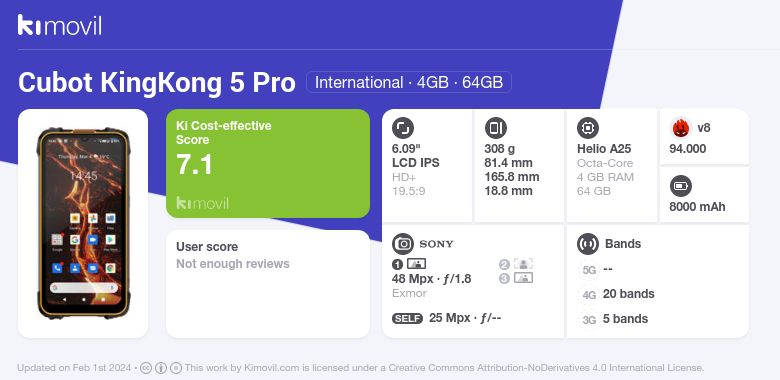CUBOT King Kong 5 Pro - Smartphone de 6.1 HD+, 4GB y 64GB, Cámara