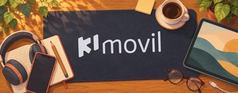 Рабочий стол с логотипом Kimovil, смартфоном, планшетом, наушниками и чашкой кофе